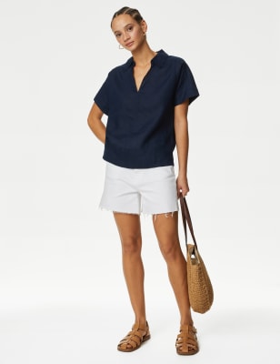 Pure Linen Collared Popover Blouse - NZ