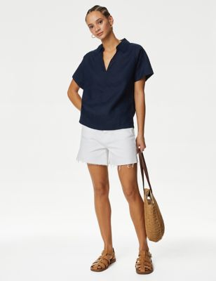 M&S Womens Pure Linen Collared Popover Blouse - 18 - Navy, Navy,White