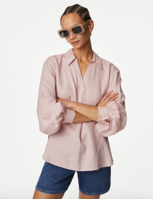 Pure Linen Collared Popover Blouse