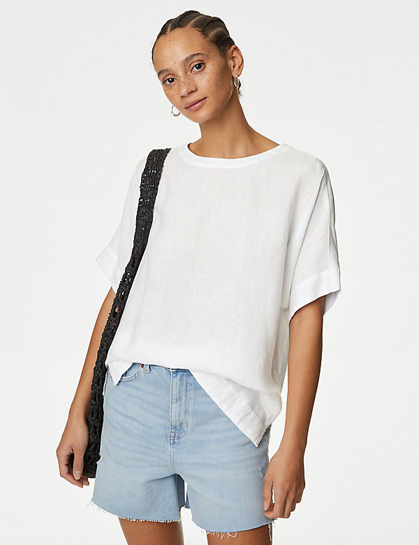 Pure Linen Round Neck Relaxed Blouse - CA