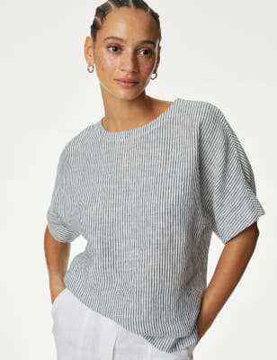 

M&S Collection Blusa 100% lino informal estampadoWomens - Navy Mix, Navy Mix