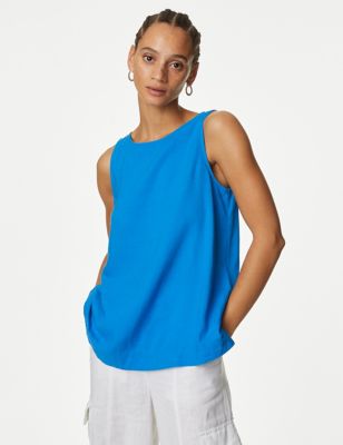M&S Womens Linen Blend Blouse - 20 - Bright Blue, Bright Blue,White,Flame