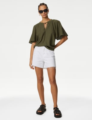 

Womens M&S Collection Bluse mit Engelsärmeln, hohem Leinenanteil und Bindekragen - Hunter Green, Hunter Green