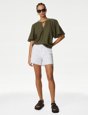 

Womens M&S Collection Linen Rich Tie Neck Angel Sleeve Blouse - Hunter Green, Hunter Green