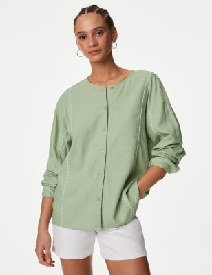 M&S Womens Linen Rich Stitch Detail Shirt - 8 - Pale Jade, Pale Jade,Black