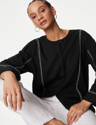 M&S Womens Linen Rich Stitch Detail Shirt - 6 - Black, Black,Pale Jade
