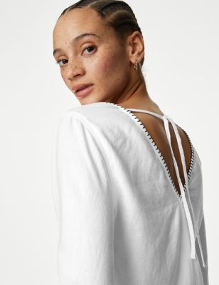 M&S Womens Linen Rich Tie Detail Blouse - 6 - White, White,Black
