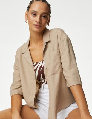 M&S Womens Linen Rich Collared Relaxed Shirt - 18 - Natural Beige, Natural Beige,White