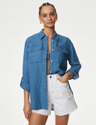 

Womens M&S Collection Hemd aus reinem Leinen mit bequemer Passform im Utility-Stil - Indigo, Indigo