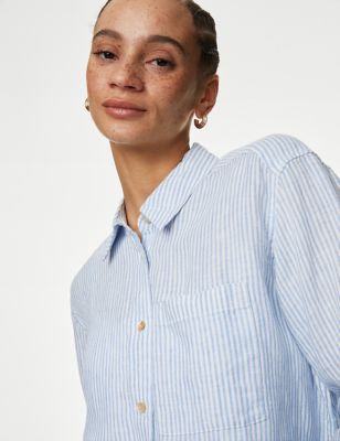 M&S Womens Pure Linen Striped Relaxed Shirt - 8 - Blue Mix, Blue Mix
