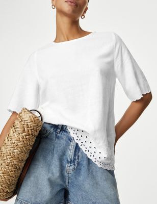 M&S Womens Linen Rich Broderie Regular Fit Top - 10 - White, White,Black