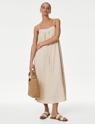 M&S Womens Linen Rich Cami Midi Dress - 8 - Calico, Calico