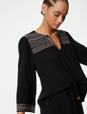 M&S Women's Pure Cotton Embroidered Beach Shirt - 8 - Black Mix, Black Mix
