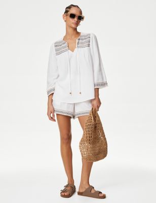 M&S Womens Pure Cotton Embroidered Beach Shirt - 20 - White Mix, White Mix
