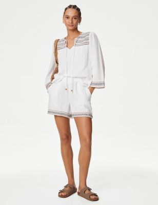 M&S Womens Pure Cotton Embroidered Beach Shorts - 16 - White Mix, White Mix,Black Mix