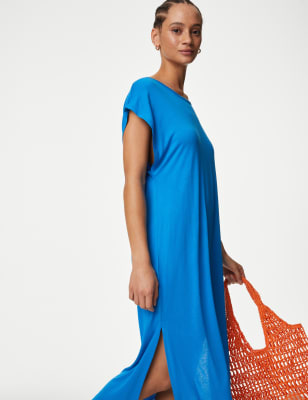 M&S Womens Jersey High Neck Midi T-Shirt Dress - Bright Blue, Bright Blue,Black