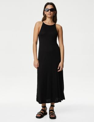 M&S Womens Jersey Halter Neck Midaxi Beach Dress - 16 - Black, Black,Flame,Navy