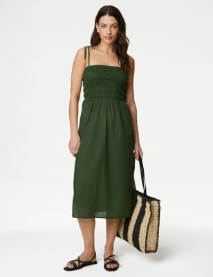 M&S Womens Pure Cotton Shirred Midi Beach Dress - 8 - Green, Green,Black,Orange