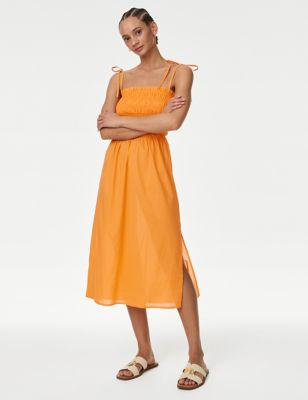 

Womens M&S Collection Pure Cotton Shirred Midi Beach Dress - Orange, Orange