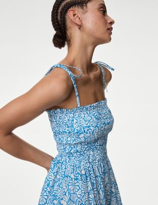M&S Womens Pure Cotton Floral Shirred Midi Beach Dress - 14 - Bright Blue Mix, Bright Blue Mix