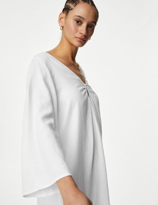 M&S Womens Linen Rich V-Neck Mini Beach Dress - Soft White, Soft White