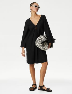 M&S Womens Linen Rich V-Neck Mini Beach Dress - Black, Black,Soft White