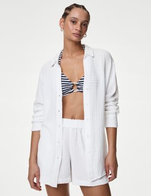 M&S Womens Pure Cotton Relaxed Beach Shirt - M - Soft White, Soft White,Onyx,Black