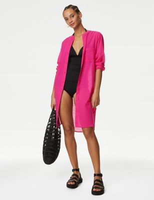 M&S Womens Pure Cotton Round Neck Longline Beach Shirt - XL - Pink Fizz, Pink Fizz,Black,White