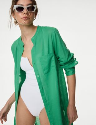 

Womens M&S Collection Pure Cotton Round Neck Longline Beach Shirt - Medium Green, Medium Green