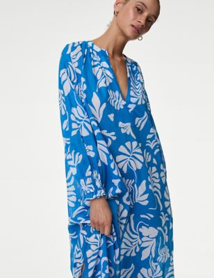 M&S Womens Pure Cotton V-Neck Midaxi Kaftan Beach Dress - Bright Blue Mix, Bright Blue Mix
