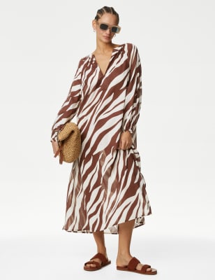 

Womens M&S Collection Pure Cotton V-Neck Midaxi Kaftan Beach Dress - Brown Mix, Brown Mix