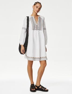M&S Women's Pure Cotton Embroidered Mini Beach Dress - 16 - White, White,Black Mix