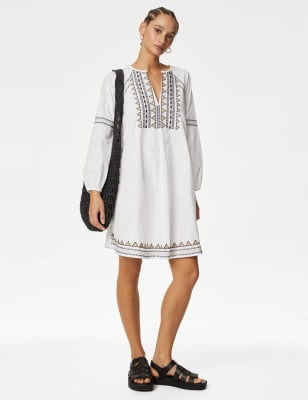 

Womens M&S Collection Pure Cotton Embroidered Mini Beach Dress - White, White