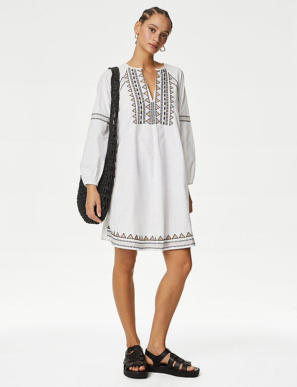 Pure Cotton Embroidered Mini Beach Dress - FR