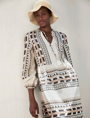 M&S Womens Cotton Rich Jacquard Maxi Kaftan Dress - White Mix, White Mix