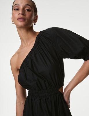 M&S Womens Pure Cotton One Shoulder Beach Dress - 16 - Black, Black