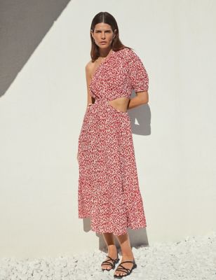 M&S Women's Pure Cotton Printed One Shoulder Beach Dress - 12 - Dark Red Mix, Dark Red Mix