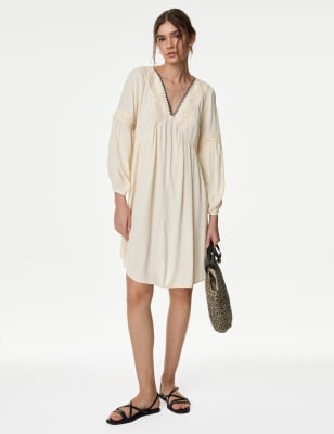 

Womens M&S Collection Embroidered V-Neck Mini Beach Dress - Ecru, Ecru