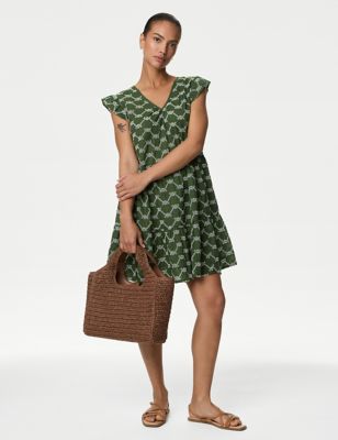 

Womens M&S Collection Pure Cotton Broderie V-Neck Mini Beach Dress - Green Mix, Green Mix