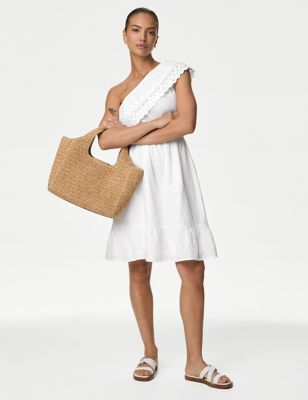 M&S Women's Pure Cotton One Shoulder Mini Beach Dress - 16 - Soft White, Soft White,Black