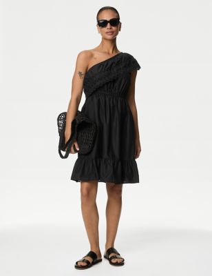 M&S Womens Pure Cotton One Shoulder Mini Beach Dress - 10 - Black, Black