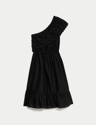 

Womens M&S Collection Pure Cotton One Shoulder Mini Beach Dress - Black, Black