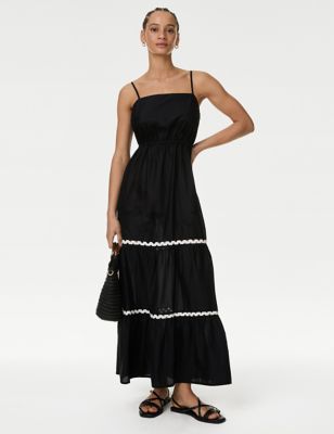 M&S Women's Pure Cotton Square Neck Midi Beach Dress - 14REG - Black, Black,Medium Green