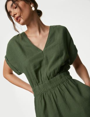 

Womens M&S Collection Linen Rich V-Neck Short Sleeve Playsuit - Green, Green