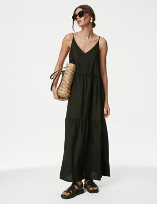 M&S Womens V-Neck Strappy Midaxi Tiered Beach Dress - 8REG - Black, Black