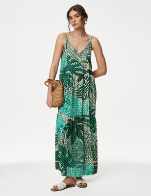 M&S Women's Printed V-Neck Midaxi Beach Dress - 8REG - Green Mix, Green Mix