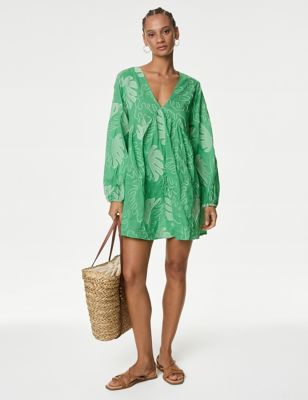 M&S Womens Pure Cotton Printed V-Neck Mini Beach Dress - Medium Green, Medium Green