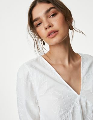

Womens M&S Collection Pure Cotton Embroidered V-Neck Mini Beach Dress - Soft White, Soft White