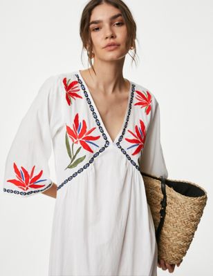 Pure Cotton Embroidered V-Neck Beach Dress - AT