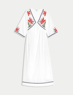 Pure Cotton Embroidered V-Neck Beach Dress